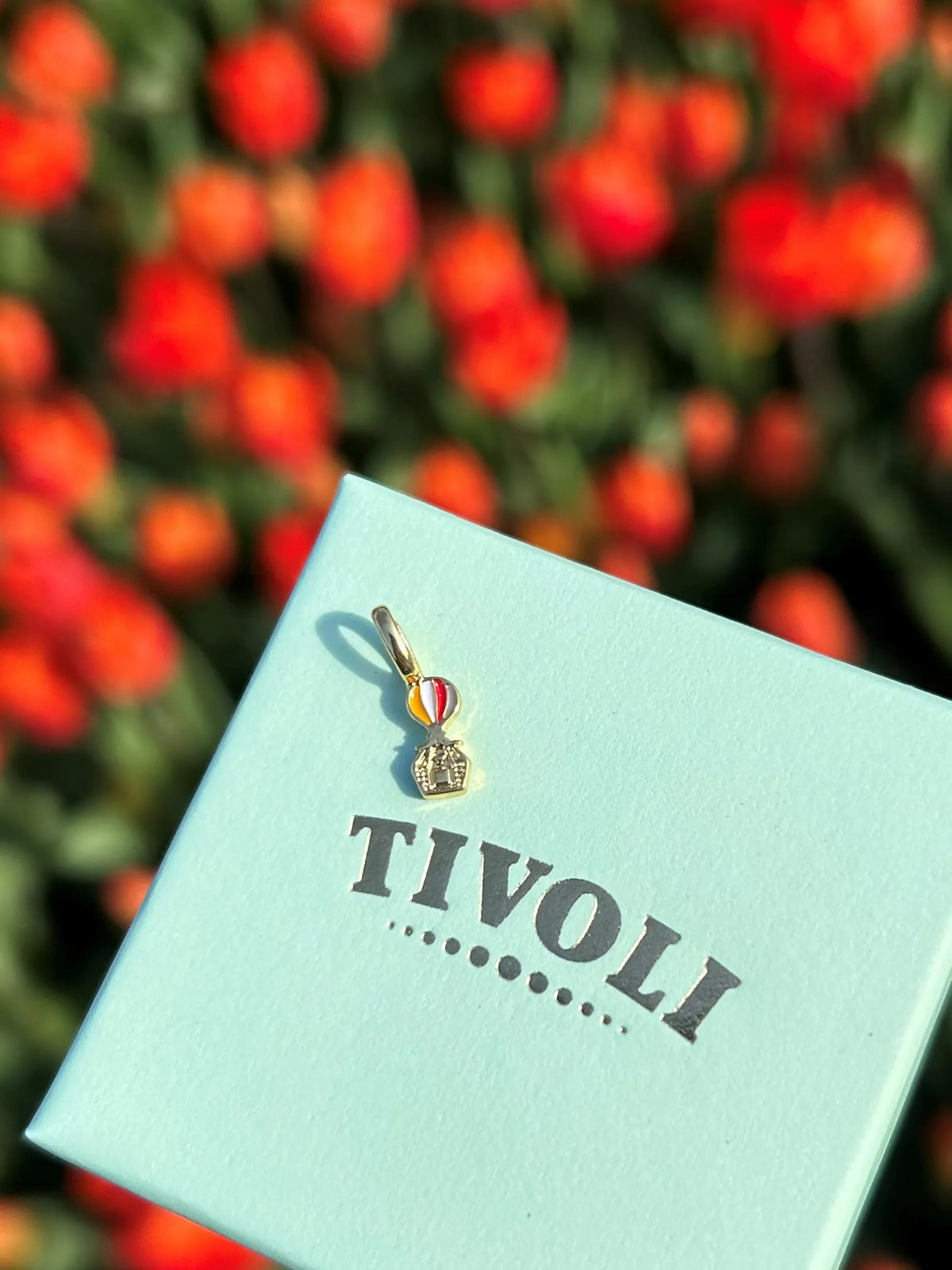 Ballongynge vedhæng i 18 kt. forgyldt messing med emaljedetaljer, vist på Tivoli gaveæske foran farverige blomster.
