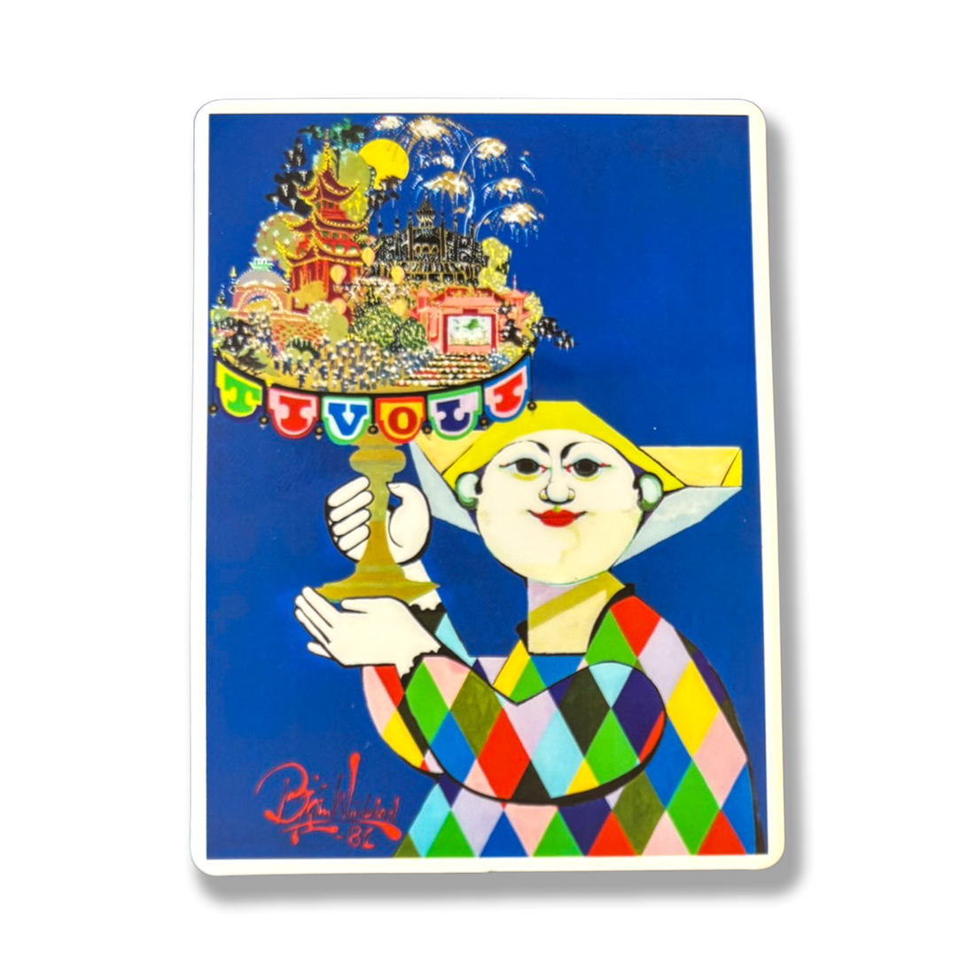 Tivoli magnet med motiv fra Bjørn Wiinblads ikoniske Tivoli-årsplakat fra 1981. Illustrationen viser Pjerrot i farverigt harlekinkostume, der bærer Tivoli på et fad med Det Kinesiske Tårn, Koncertsalen, fyrværkeri og farverige detaljer mod en dybblå baggrund.