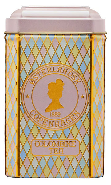 Colombine Tea fra Østerlandsk Copenhagen i dekorativ pastelfarvet tedåse med guldfarvede detaljer og klassisk harlekinmønster.