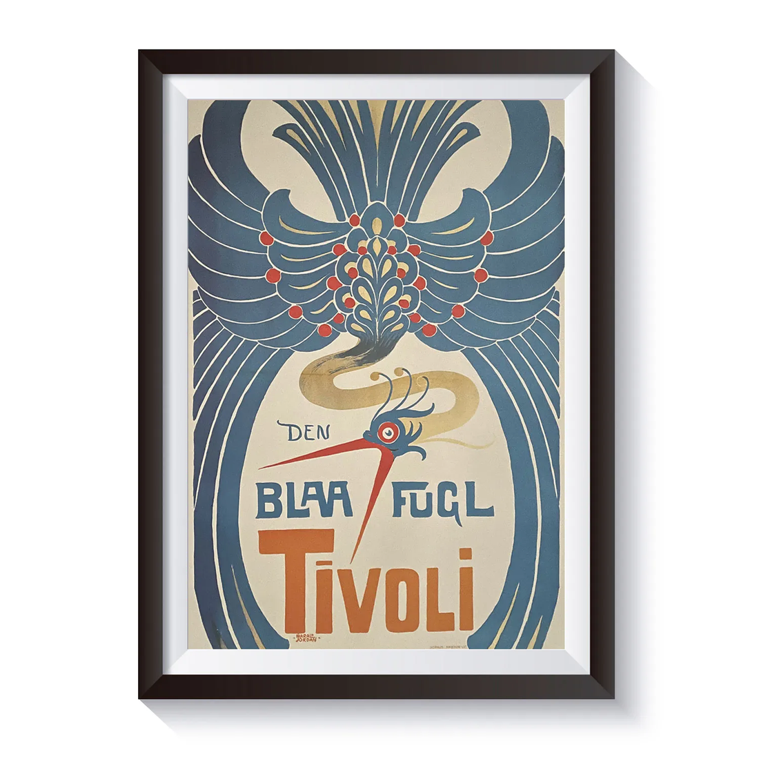 Vintage Tivoli-plakat med teksten "Den Blaa Fugl Tivoli". Art nouveau-inspireret motiv med en stiliseret blå fugl, dekorative blå ornamenter og røde detaljer på lys baggrund.