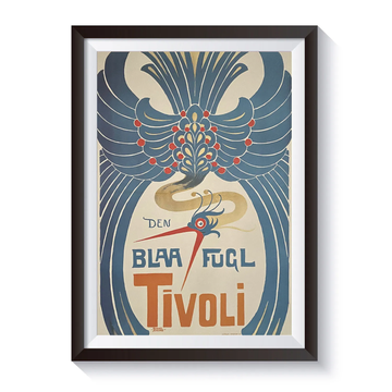 Vintage Tivoli-plakat med teksten "Den Blaa Fugl Tivoli". Art nouveau-inspireret motiv med en stiliseret blå fugl, dekorative blå ornamenter og røde detaljer på lys baggrund.