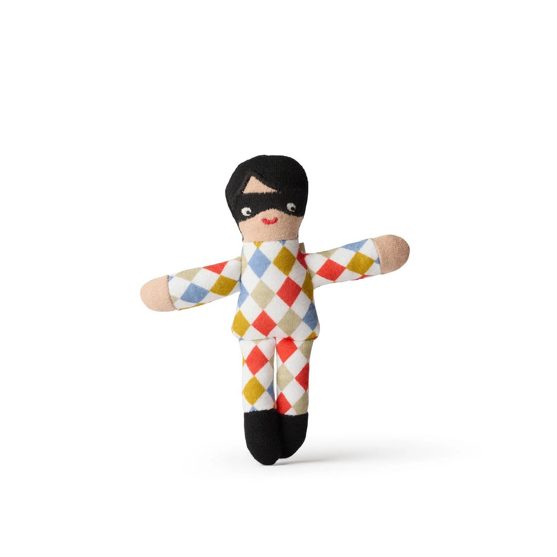 Harlekin Pocket Friend fra Fabelab, blød stoffigur inspireret af Tivolis klassiske Harlekin med farverigt ternet kostume og sort maske.