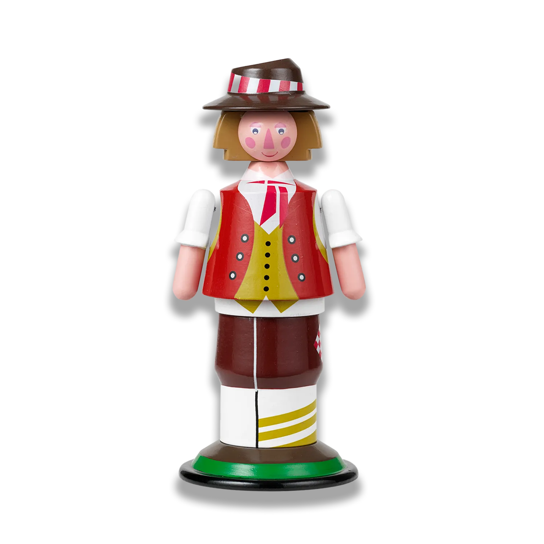 Træfigur af Svinedrengen fra H.C. Andersens klassiske eventyr, håndmalet med rød vest, brun hat og farverige detaljer.