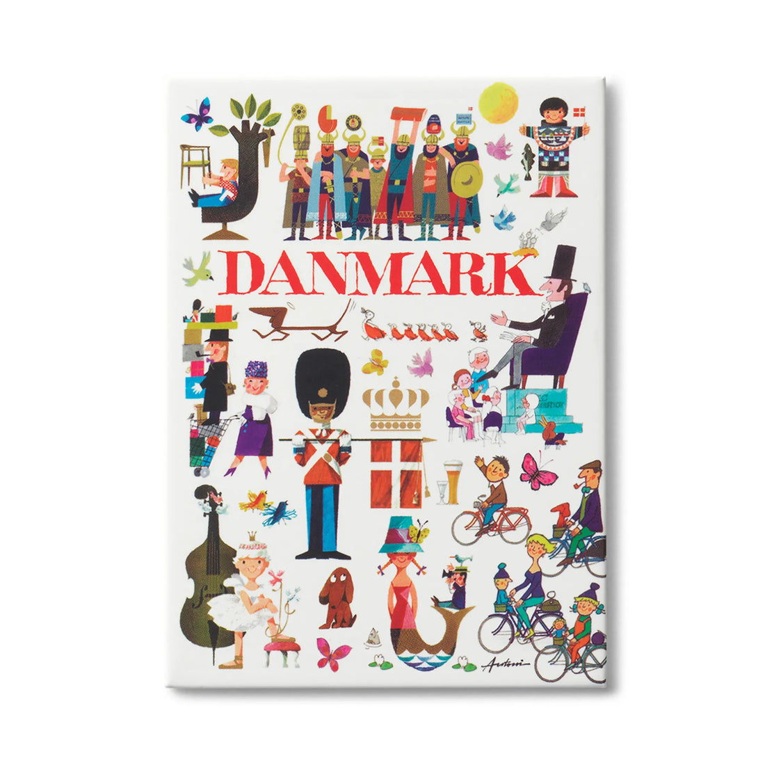 Dekorativ magnet med det ikoniske Danmark-motiv af Ib Antoni, featuring Tivoli-Garden, Den Lille Havfrue, H.C. Andersen, Dannebrog og andre klassiske danske symboler i farverig dansk designstil