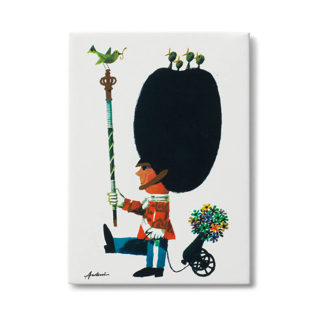 Ib Antoni magnet med motivet Forårs-Gardisten fra 1961, featuring den klassiske garder omgivet af blomster, fugle og dansk designtradition.