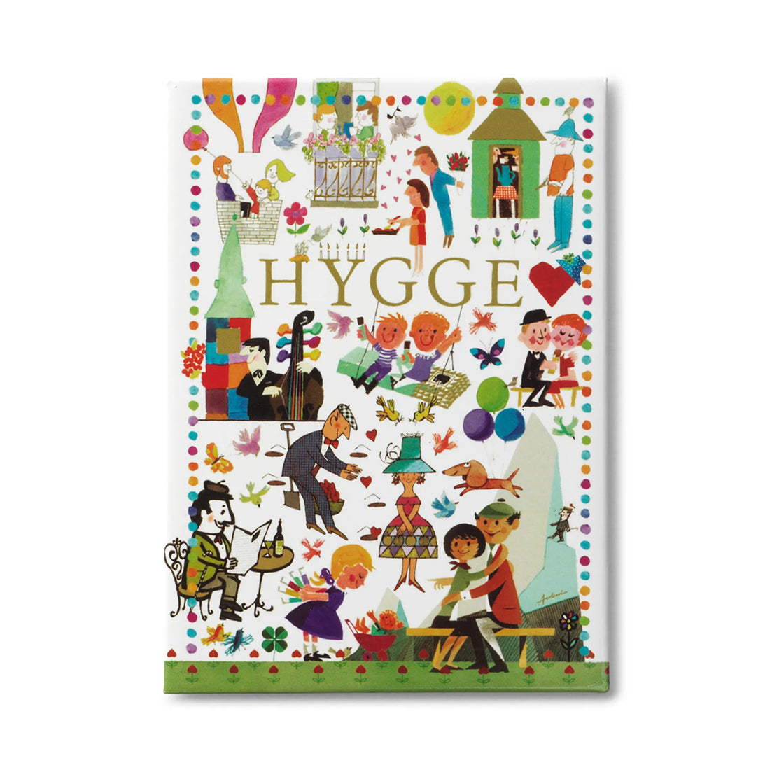 Dekorativ Ib Antoni magnet med motivet Hygge, fyldt med farverige figurer, familieliv, samvær og klassiske danske hverdagsscener, der hylder dansk kultur og hygge