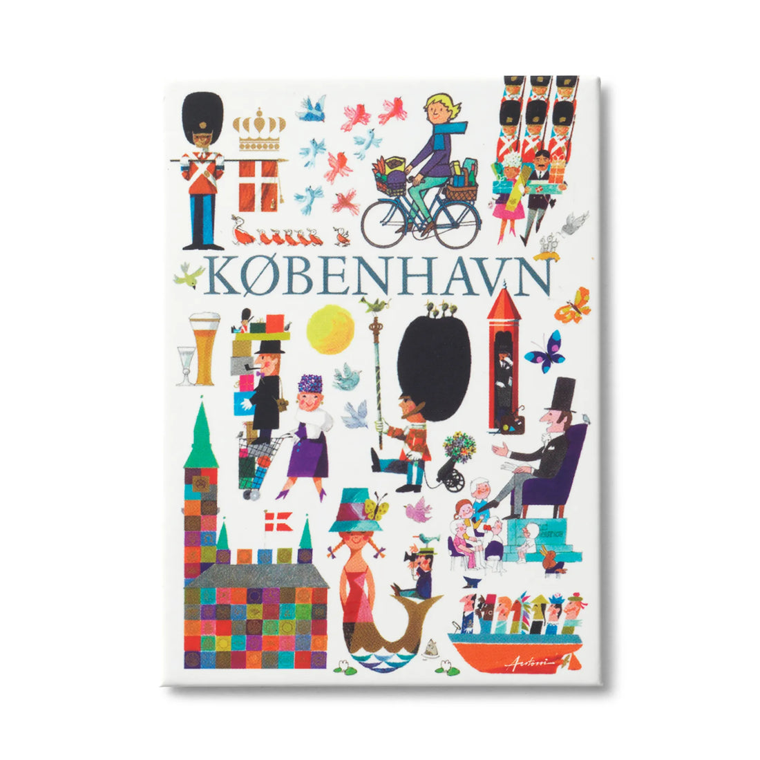 Dekorativ magnet med ikonisk København-motiv af Ib Antoni, featuring Tivoli-Garden, H.C. Andersen, Den Lille Havfrue, cyklister og andre klassiske københavnske og danske symboler i farverig retrostil