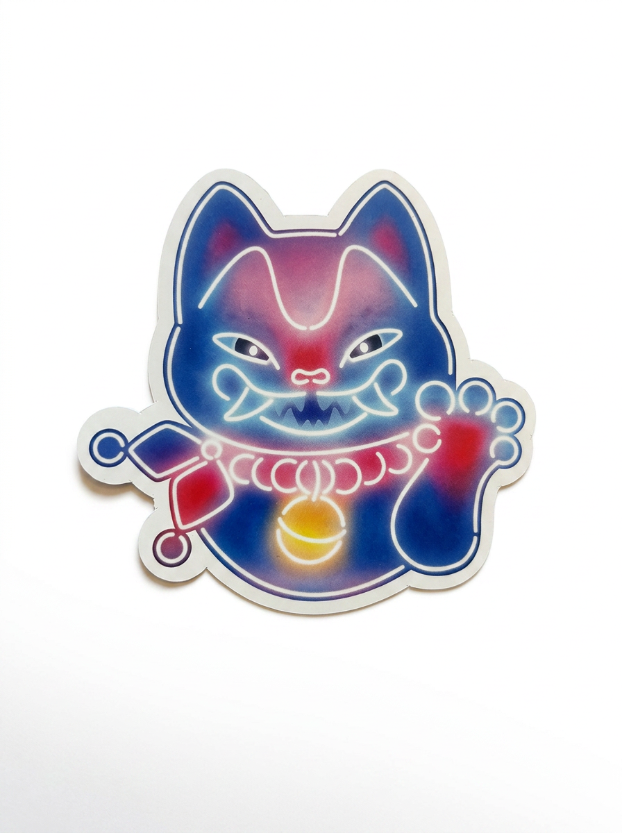 Little Tivoli Hikari Dæmonkat-postkort med neoninspireret motiv af en mystisk kat i blå og pink nuancer med lysende detaljer, inspireret af Tivolis magiske Hikari-univers.