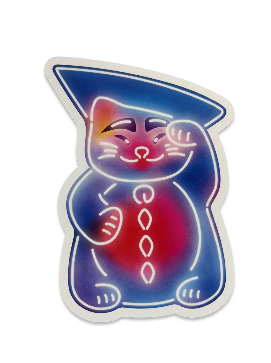 Little Tivoli Hikari Pjerrot Katten-postkort med neoninspireret motiv af en kat i blå og pink nuancer med Pjerrots karakteristiske hat, inspireret af Tivolis magiske Hikari-univers.