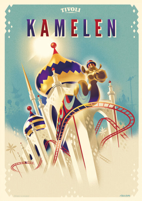 Vintage Tivoli Kamelen plakat med farverig illustration af den ikoniske Kamelen-forlystelse i Tivoli. Motivet viser orientalske kupler, røde rutsjebaneskinner og en kamelfigur i klassisk art deco-stil.