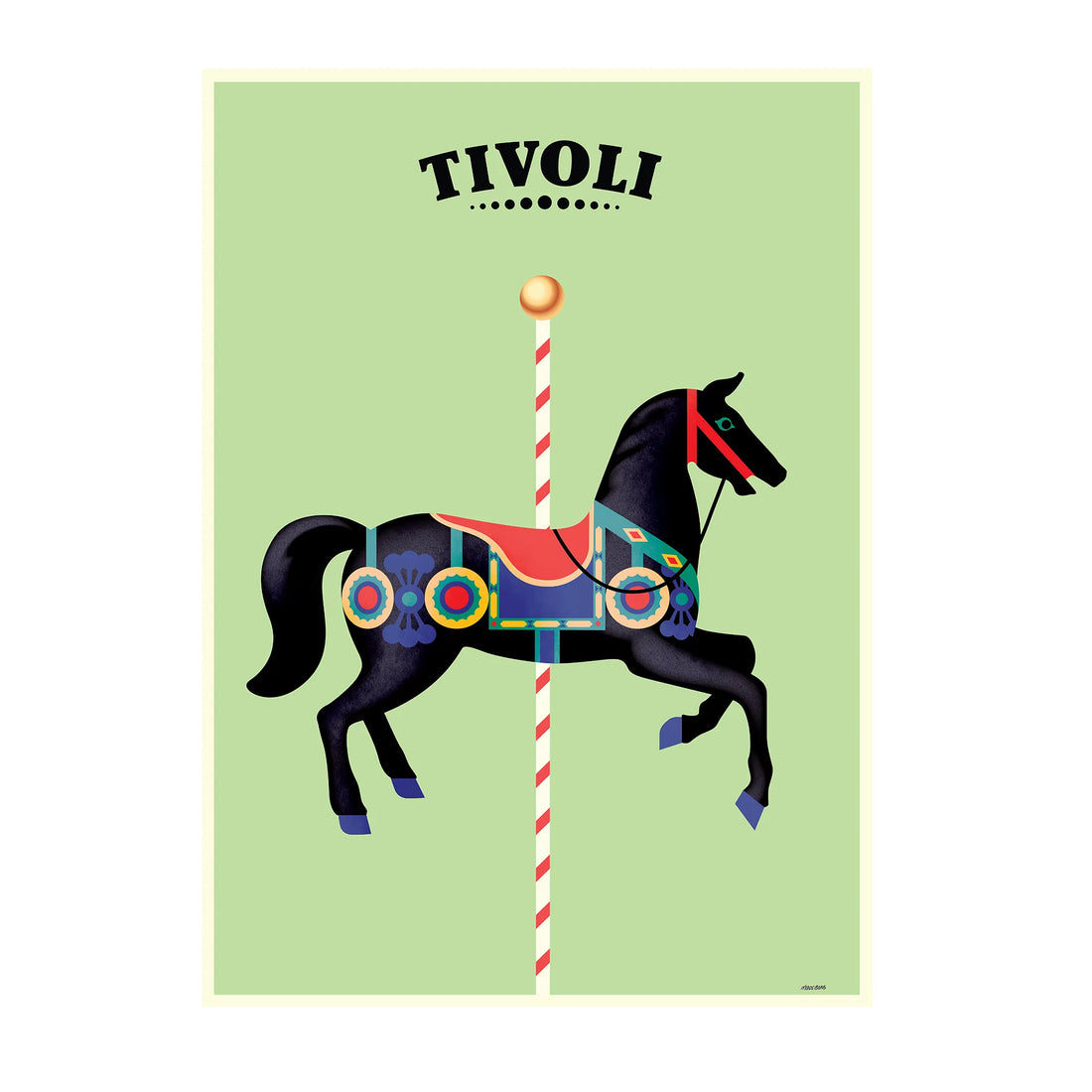 Tivoli-plakat med stiliseret sort karruselhest på grøn baggrund. Motivet viser en dekorativ karusselhest med farverige detaljer på en klassisk karruselstang, inspireret af Tivolis nostalgiske forlystelser.