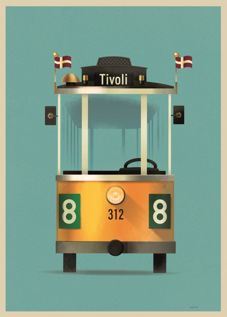 Mads Berg plakat af Københavns historiske Linie 8 sporvogn med destination Tivoli i Art Deco-inspireret design.
