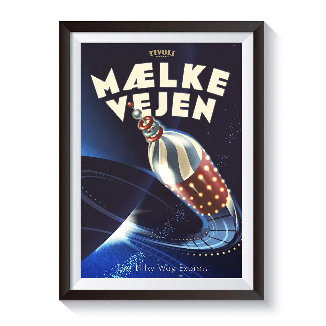 Mads Berg plakat af Mælkevejen i Tivoli med raketinspireret rutsjebane i et nostalgisk Art Deco-inspireret design.