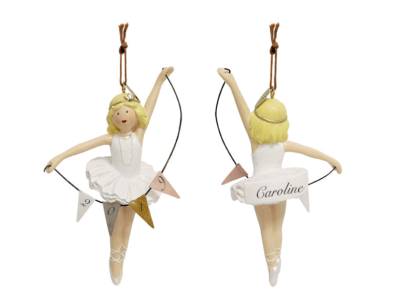 Personalized ballerina Christmas ornament featuring the name Caroline