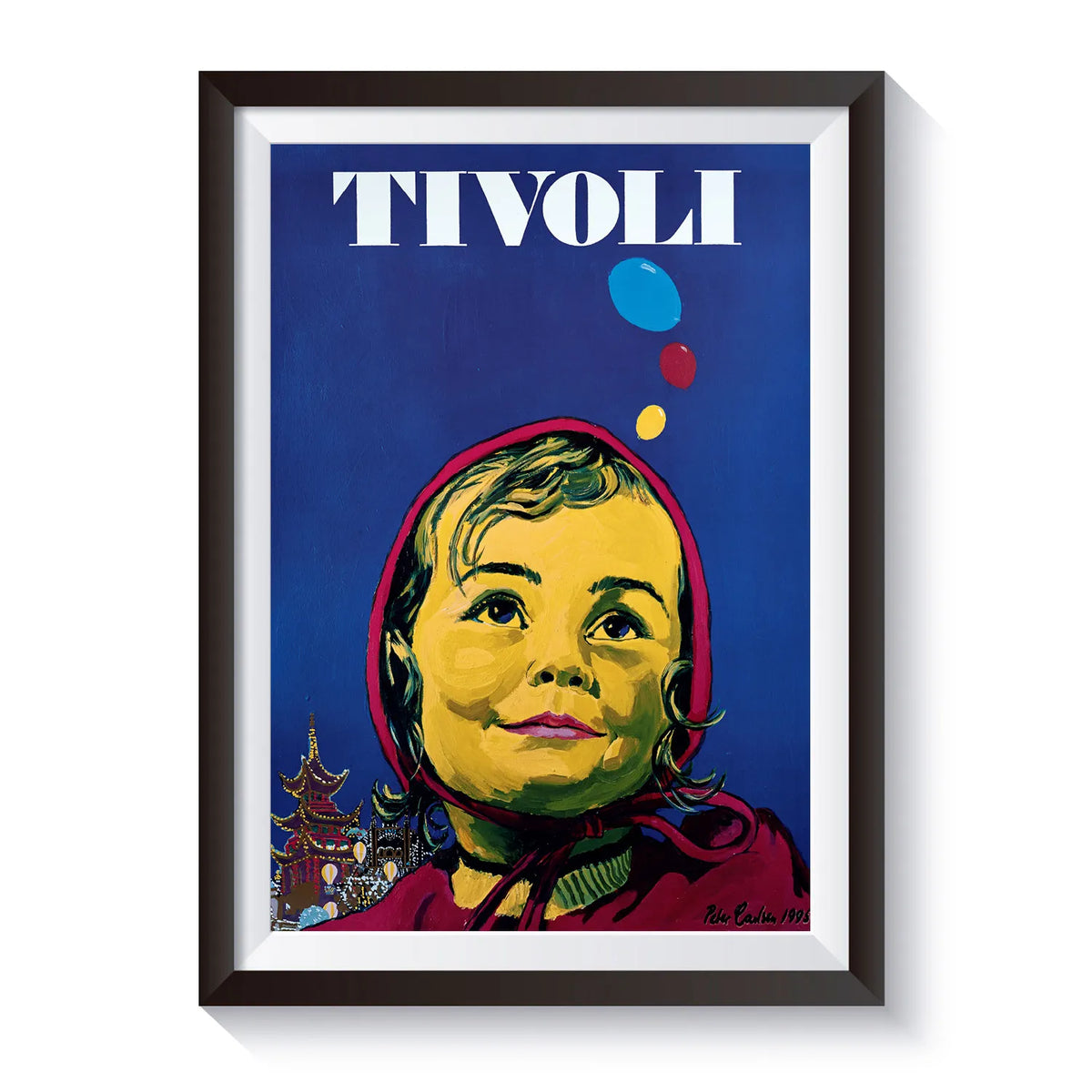 Tivoli-plakat af Peter Carlsen fra 1993 med portræt af et barn på dybblå baggrund. Over hovedet svæver tre farverige balloner, mens Det Kinesiske Tårn og oplyste Tivoli-bygninger ses i nederste venstre hjørne. Motivet kombinerer Tivolis eventyrlige stemning med Peter Carlsens karakteristiske maleriske stil.