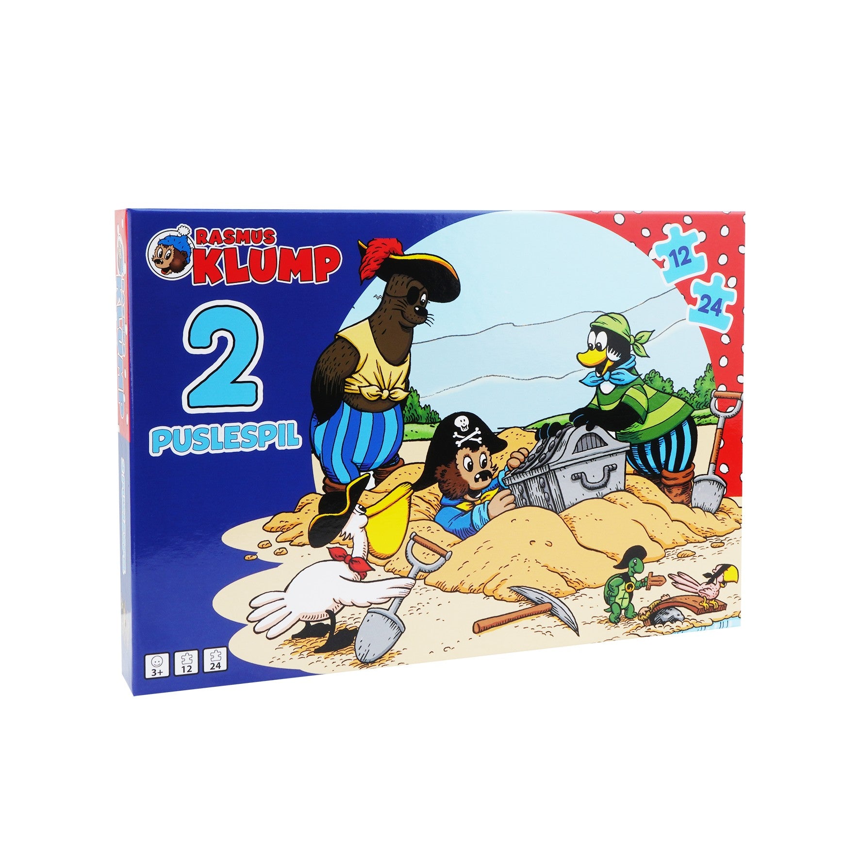 Children's Rasmus Klump puzzle set with 12-piece and 24-piece puzzles. Colorful treasure hunt scene featuring Rasmus Klump, Pingo and friends searching for buried treasure on the beach.