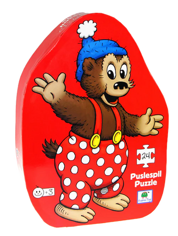 Rasmus Klump 24-piece children's puzzle presented in a decorative gift box shaped like Rasmus Klump. Perfect for young fans and educational play.