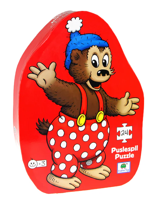 Rasmus Klump 24-piece children's puzzle presented in a decorative gift box shaped like Rasmus Klump. Perfect for young fans and educational play.