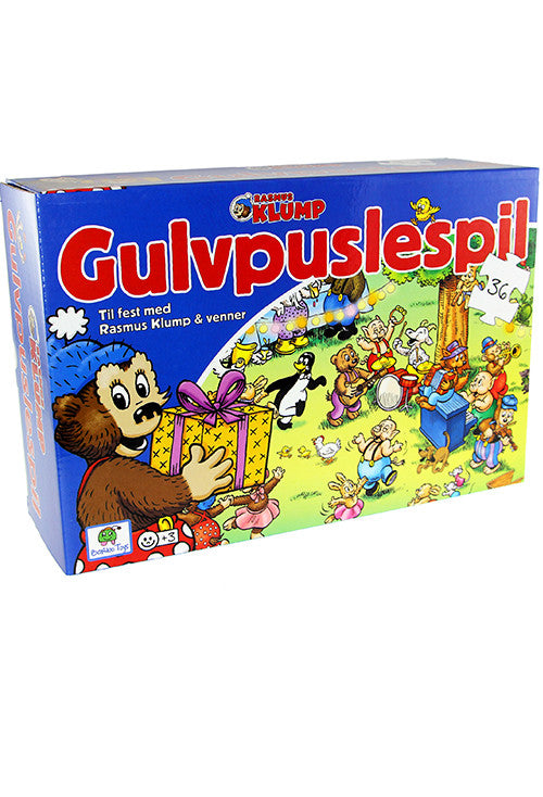 Large 36-piece Rasmus Klump floor puzzle with Rasmus Klump and friends enjoying a festive party scene. Colorful children's puzzle that encourages learning, concentration and fine motor skills.