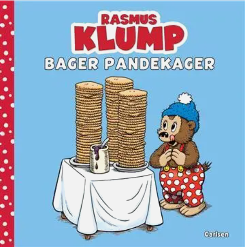 Rasmus Klump bager pandekager, børnebog med Rasmus Klump og store stakke pandekager på bogens forside.