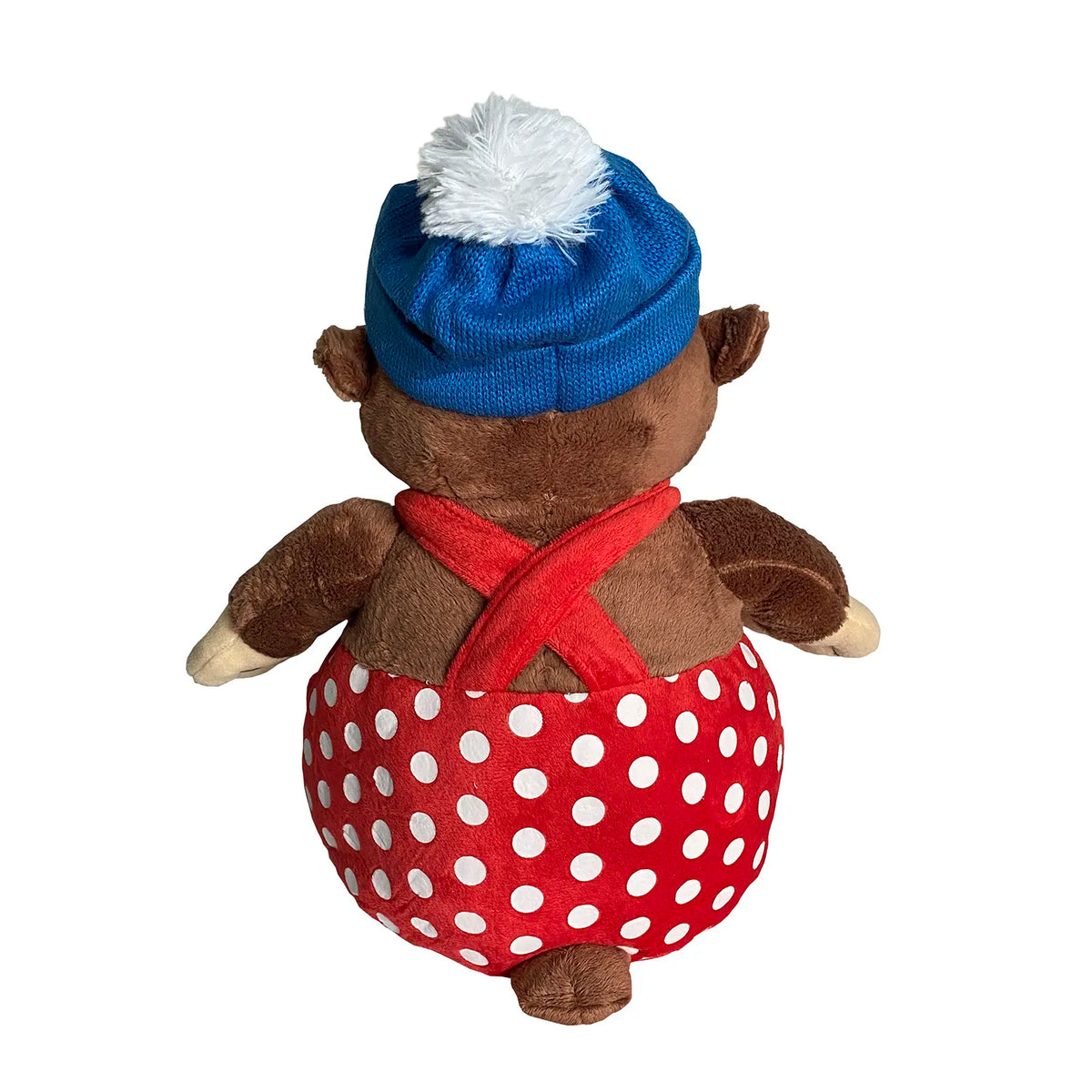 Bagside af Rasmus Klump bamse med blå hue og røde bukser med hvide prikker