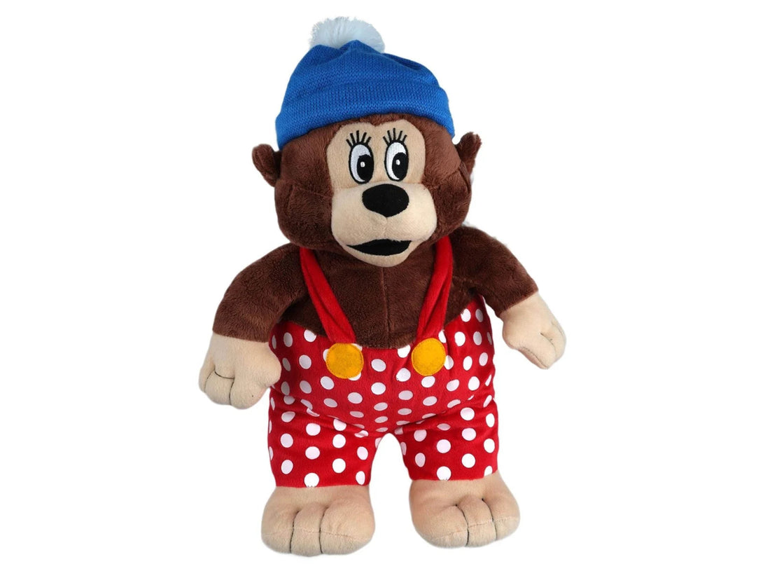 Rasmus Klump bamse med blå hue og røde bukser med hvide prikker