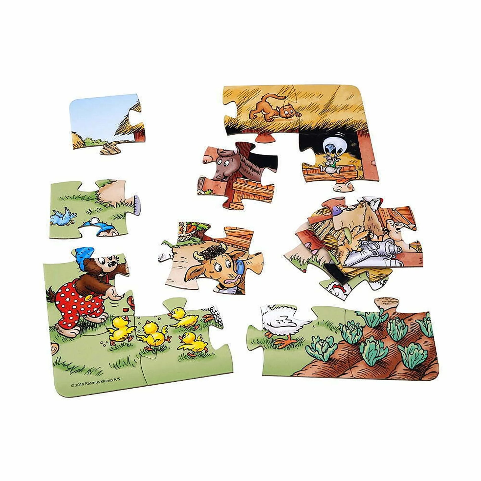 Rasmus Klump farm-themed children's puzzle with large pieces, featuring colorful illustrations of farm animals, a farmhouse, and Rasmus Klump on a countryside adventure. Perfect for learning through play.