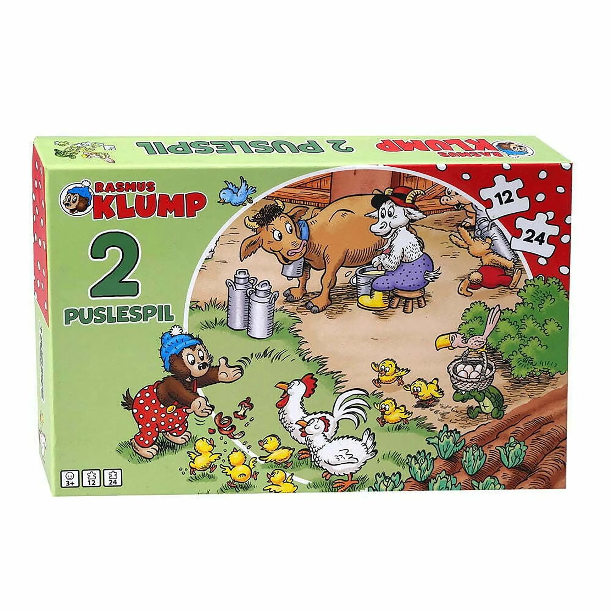 Children's Rasmus Klump farm-themed puzzle set with 12-piece and 24-piece puzzles. Colorful farm scenes featuring Rasmus Klump and friends among animals and countryside adventures.