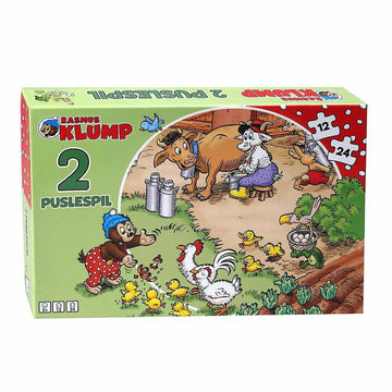 Children's Rasmus Klump farm-themed puzzle set with 12-piece and 24-piece puzzles. Colorful farm scenes featuring Rasmus Klump and friends among animals and countryside adventures.
