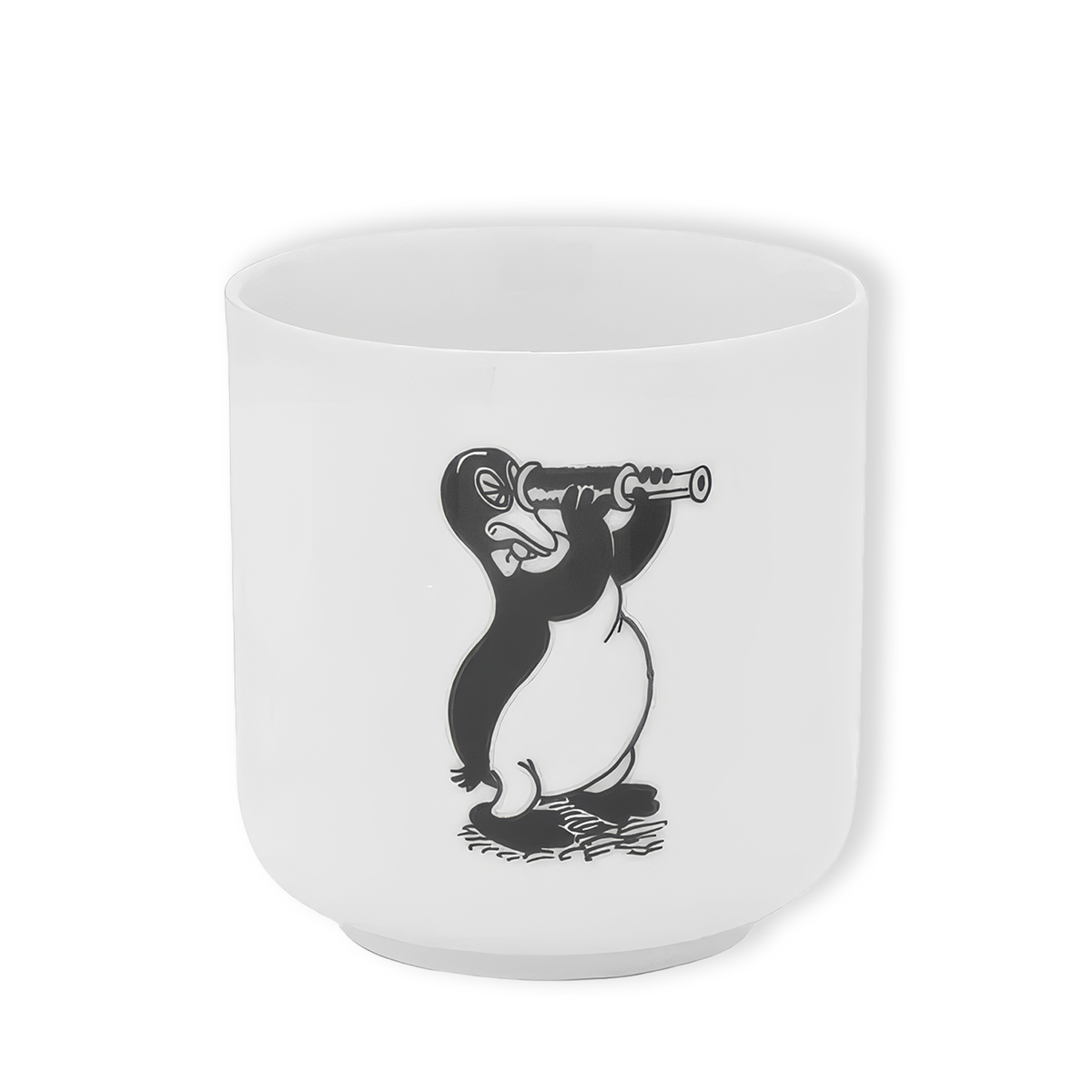 Rasmus Klump krus i hvidt porcelæn med motiv af Pingo der kigger forkert igennem en teleskop kikkert
