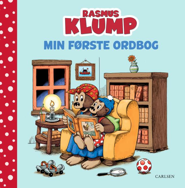 Forside på Rasmus Klump Min Første Ordbog, lærerig billedordbog for børn med Rasmus Klump og vennerne, der læser sammen i en lænestol.