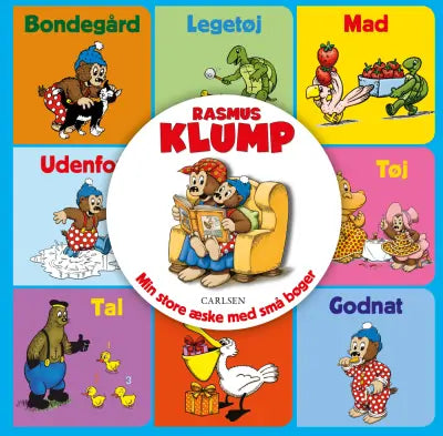 Rasmus Klump Mine Første Bøger i æske med ni papbøger om tal, dyr, legetøj, mad, bondegård og godnat til små børn.