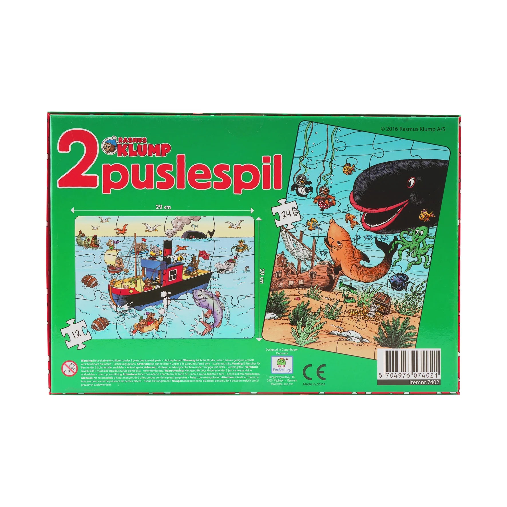 Back of the Rasmus Klump 12-piece and 24-piece puzzle set, featuring colorful sea adventure scenes with ships, marine animals and beloved Rasmus Klump characters.