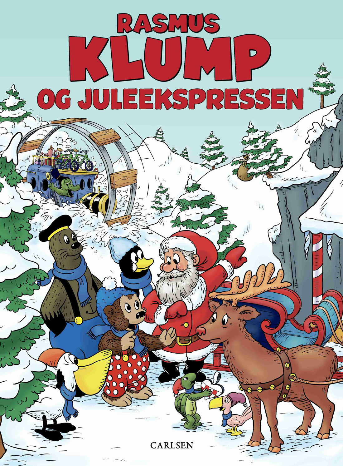 Rasmus Klump og Juleekspressen, julebog for børn med Rasmus Klump, Julemanden og vennerne på en spændende mission i det sneklædte nord.