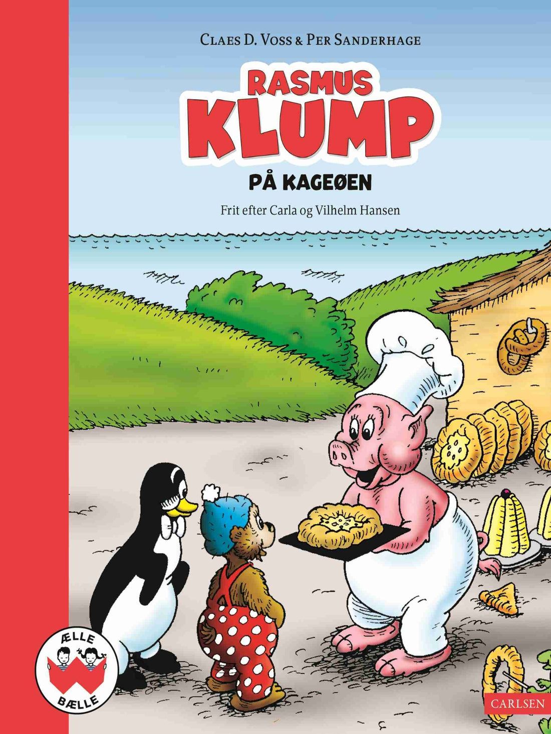 Forside på Rasmus Klump på Kageøen, børnebog om Rasmus Klump og Pingo, der besøger en bager på den hyggelige Kageøen.
