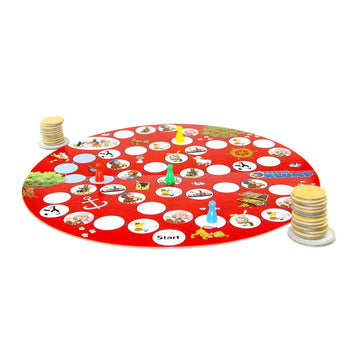 Classic Rasmus Klump pancake board game for up to 4 players, featuring colorful character spaces, game pieces and pancake tokens. Fun family game for children and Rasmus Klump fans.