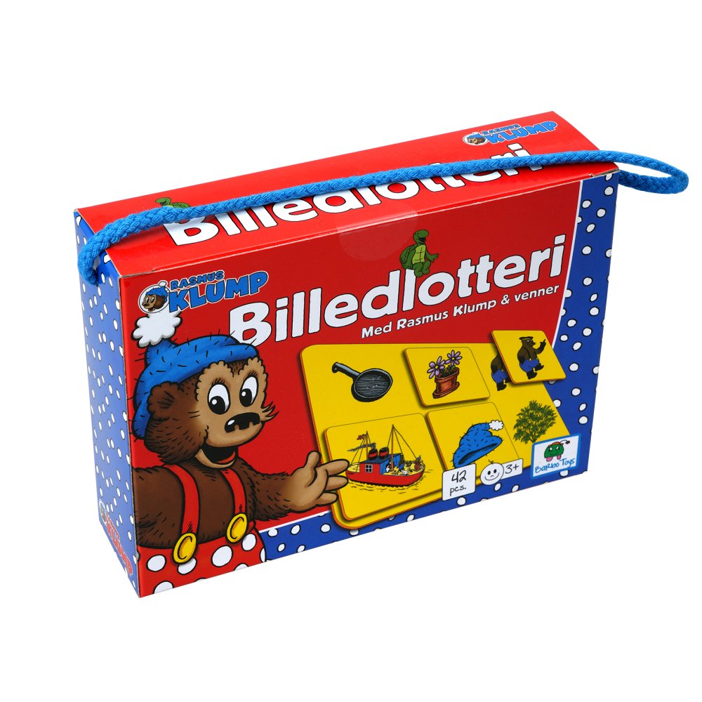 Rasmus Klump picture lottery game for children and families in a colorful box with game tiles featuring characters and objects from the Rasmus Klump universe
