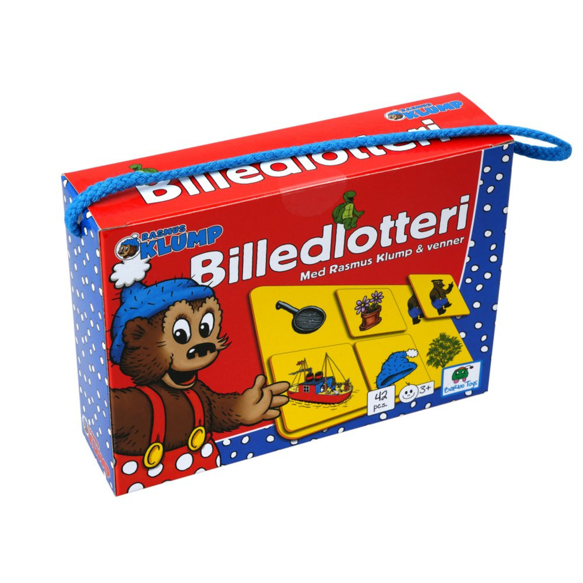 Rasmus Klump picture lottery game for children and families in a colorful box with game tiles featuring characters and objects from the Rasmus Klump universe