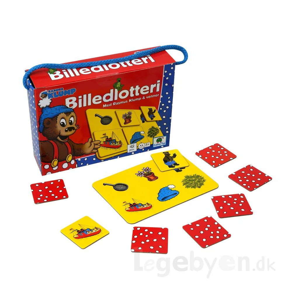Rasmus Klump picture lottery game set with colorful game cards, matching tiles, and storage box featuring characters and objects from the Rasmus Klump universe