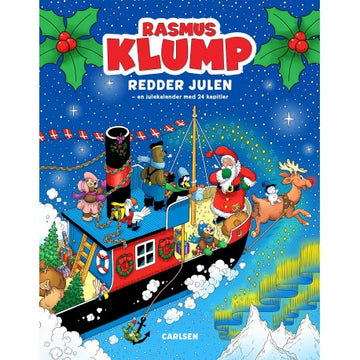 Forside på Rasmus Klump Redder Julen, julekalenderbog i 24 kapitler med Rasmus Klump, Julemanden og det gode skib Mary på eventyr.