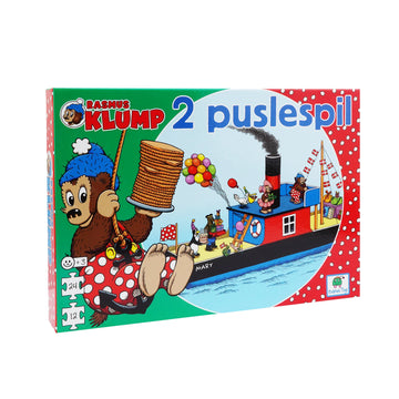 Rasmus Klump children's puzzle set with 12-piece and 24-piece puzzles. Colorful maritime scenes featuring Rasmus Klump, Pingo and friends aboard a ship, perfect for young puzzle fans.