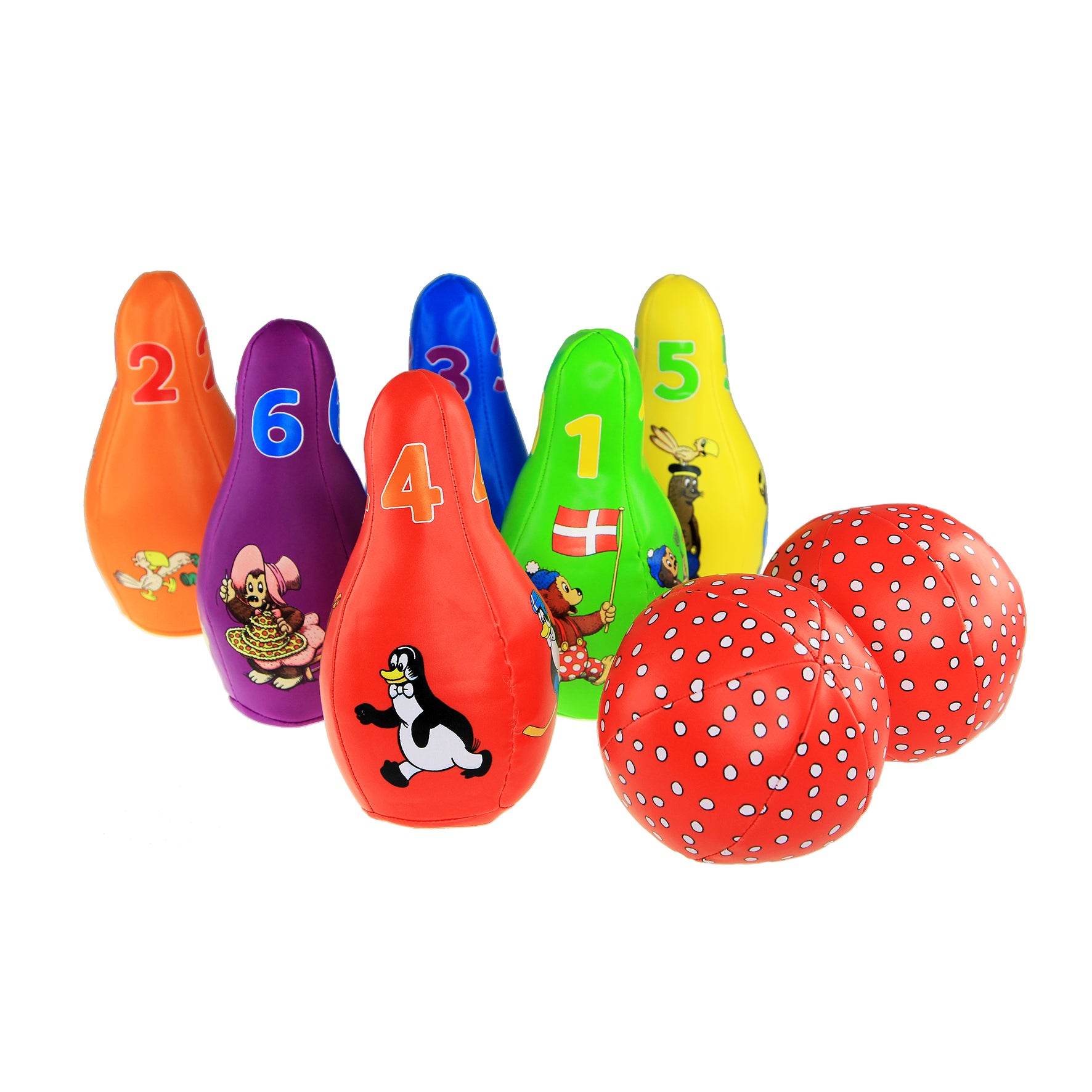 Rasmus Klump soft bowling set for children, featuring 6 colorful numbered bowling pins and 2 soft balls. Fun educational game that helps develop motor skills, coordination, color recognition, and counting.