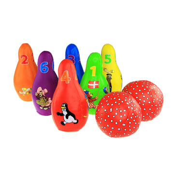 Rasmus Klump soft bowling set for children, featuring 6 colorful numbered bowling pins and 2 soft balls. Fun educational game that helps develop motor skills, coordination, color recognition, and counting.