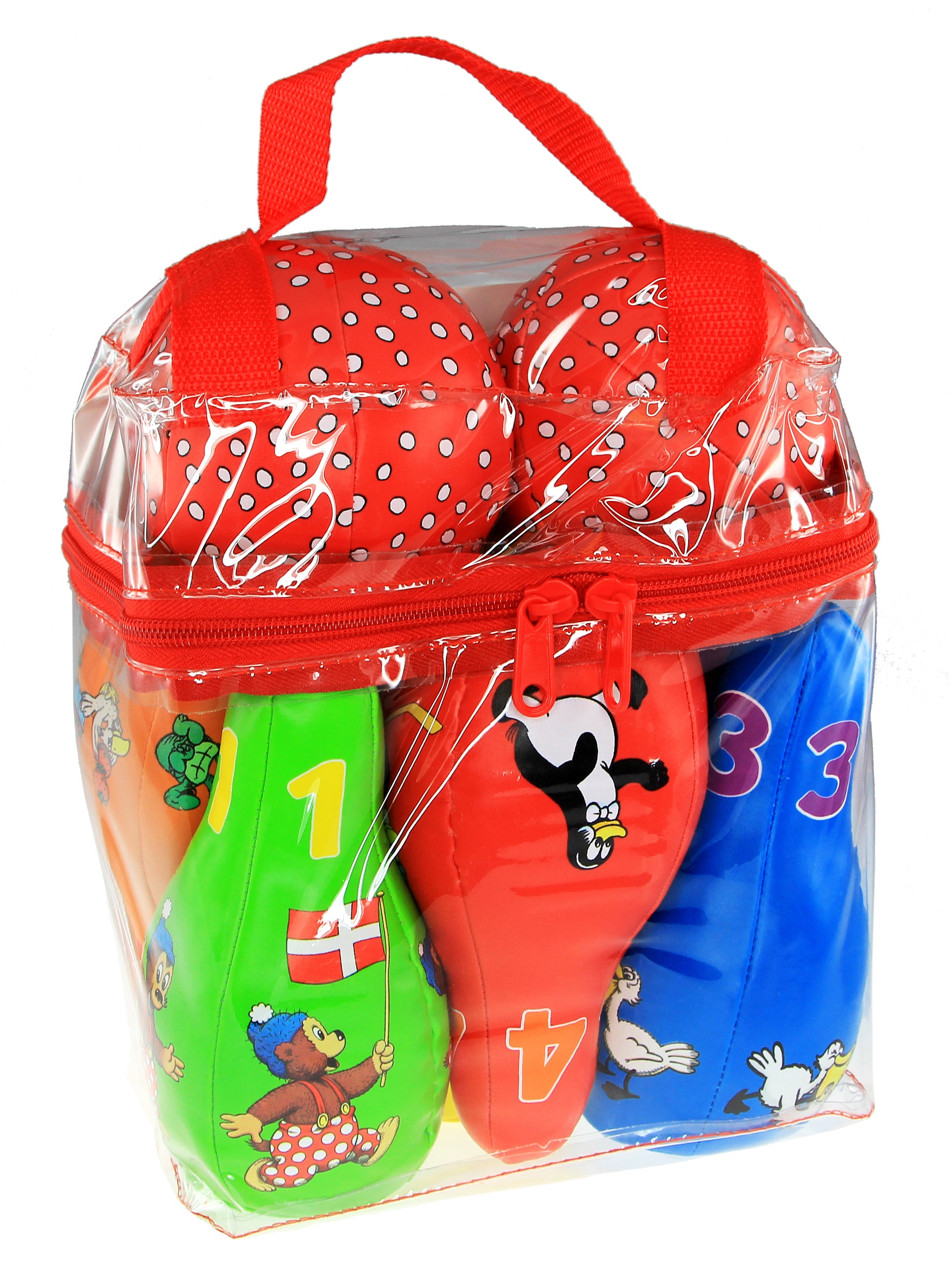 Rasmus Klump soft bowling set in a practical transparent storage bag, including 6 colorful numbered pins and 2 soft balls. Educational children's game that develops motor skills, counting, and coordination.