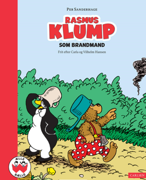 Forside på Rasmus Klump som Brandmand, børnebog med Rasmus Klump og Pingo på vej til en spændende brandudrykning.