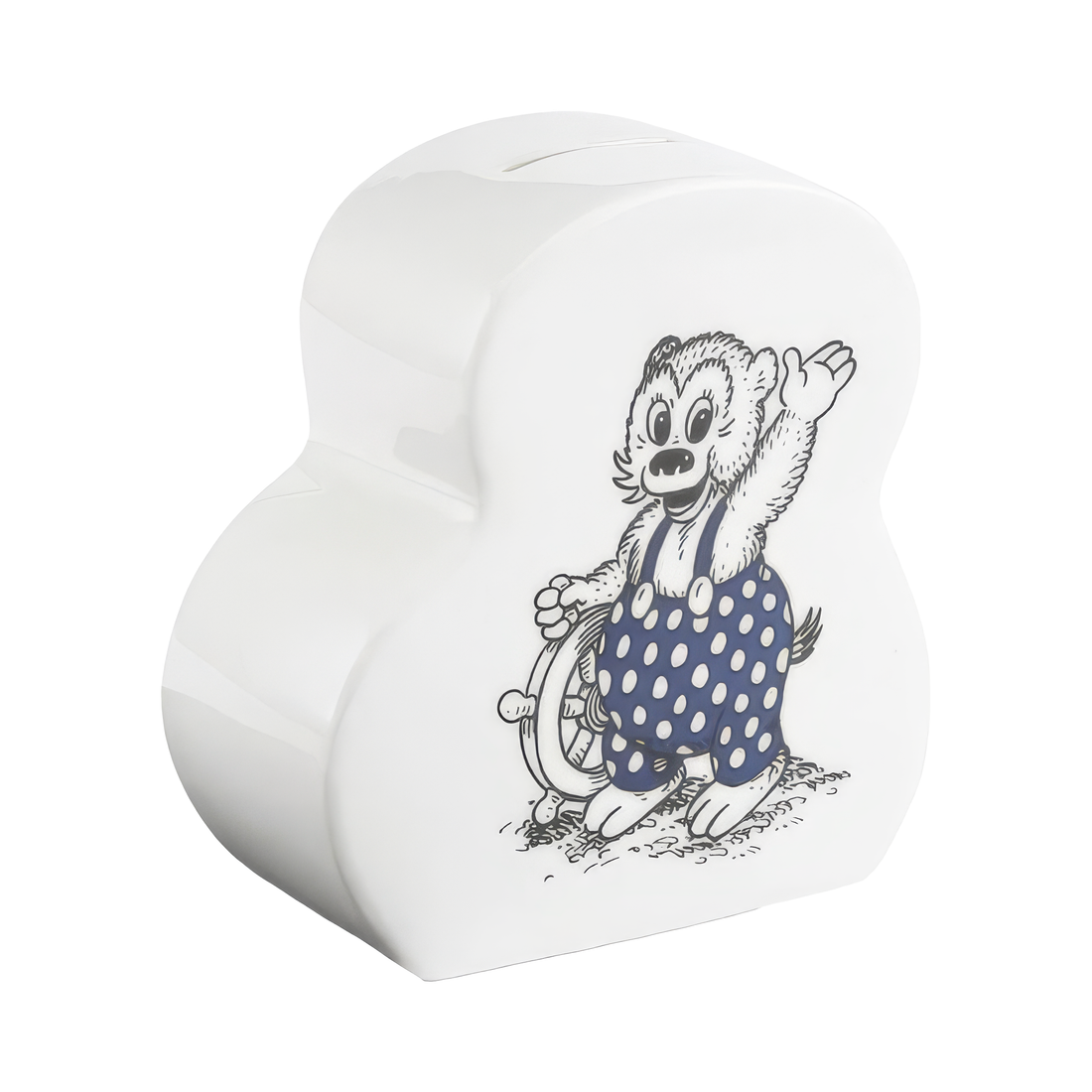 Rasmus Klump sparebøsse i porcelæn med farverigt motiv af den populære bjørn, dekorativ sparegris til børn og samlere.