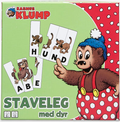 Rasmus Klump staveleg med dyr, hvor børn lærer at stave dyrenes navne ved hjælp af bogstavbrikker og illustrationer fra Rasmus Klumps univers