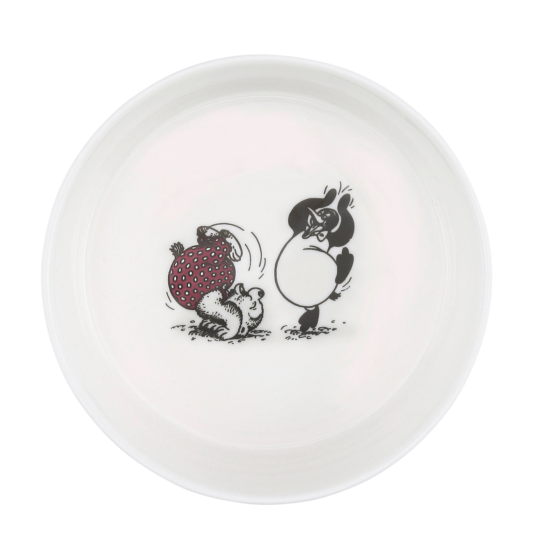 A white ceramic plate featuring a classic black ink-style cartoon illustration of a Rasmus Klump, with Pingo beside it, set against a plain white background.