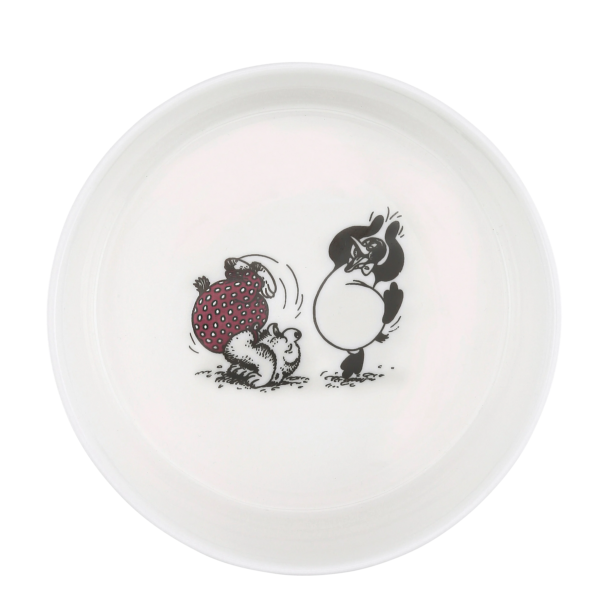 A white ceramic plate featuring a classic black ink-style cartoon illustration of a Rasmus Klump, with Pingo beside it, set against a plain white background.