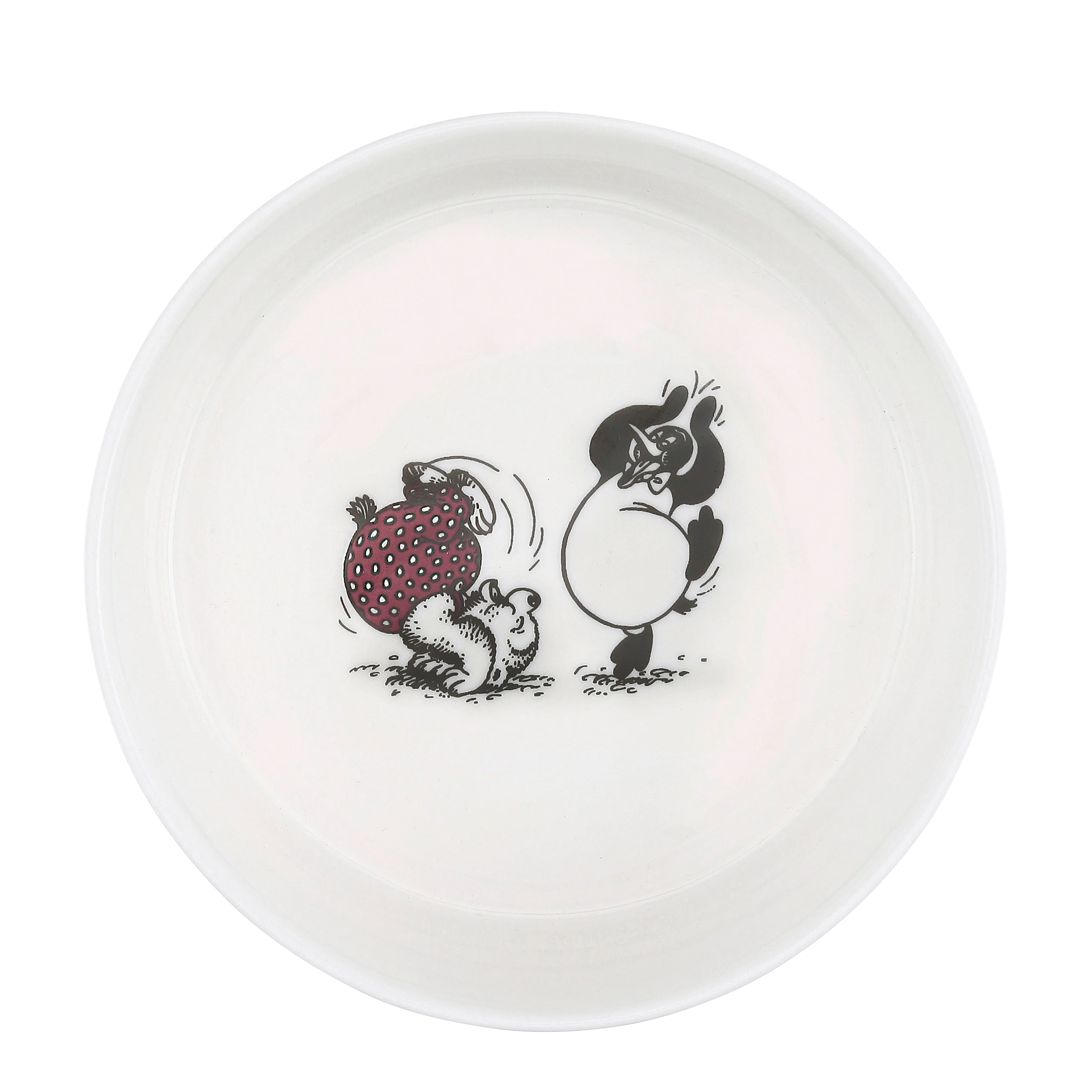 A white ceramic plate featuring a classic black ink-style cartoon illustration of a Rasmus Klump, with Pingo beside it, set against a plain white background.